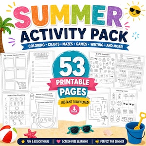 Op de afbeelding: Een digitaal zomeractiviteitenpakket met 53 printbare pagina's met kleurplaten, knutselwerkjes, doolhoven, spelletjes en schrijfactiviteiten. Het ontwerp bevat een kleurrijke titel, een zonicoon, een strandbal, een zeester en een blauwe emmer.
