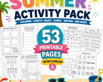 May include: A digital summer activity pack featuring 53 printable pages with coloring, crafts, mazes, games, and writing activities. The design includes a colorful title, a sun icon, a beach ball, a starfish, sunglasses, and a blue bucket.