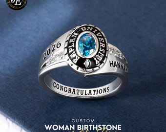 Aangepaste geboortesteenklassering voor vrouwen, gepersonaliseerde afstudeerring 2026, sterlingzilveren schoolring met gegraveerde naam, collegecadeau