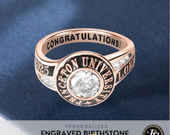 Anillo de graduación con piedra de nacimiento, nombre y año personalizados, grabado interior, anillo de graduación personalizado, regalo para estudiantes de secundaria y universidad para ella y para él.