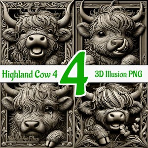 May include: A digital illustration of four Highland cows, each with a different expression. The cows are in a 3D style, with a carved wood effect. The image is labelled "Highland Cow 4" and "3D Illusion PNG".