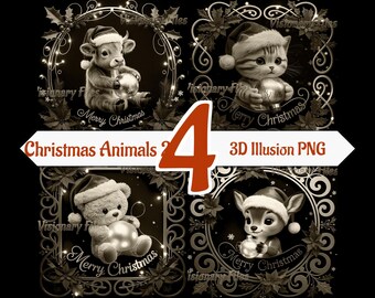 Christmas Animals 3D Illusion PNG Laser Files: Christmas Slate Coaster Engraving (Digital Download)