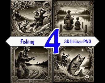 Archivo láser PNG de ilusión 3D de pesca, paquete de grabado láser 3D de peces