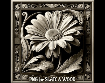 May include: A black and white 3D relief carving of a daisy flower in a decorative frame. The flower is in the center of the frame and has a detailed design. The frame is ornate and has a floral pattern. The image is labeled "PNG for SLATE & WOOD".