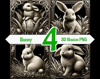 ウサギ 3D イリュージョン PNG レーザー ファイル、ウサギ 3D PNG バンドル、イースター 3D イリュージョン彫刻、スレート コースター彫刻、ウサギ レーザー彫刻ファイル