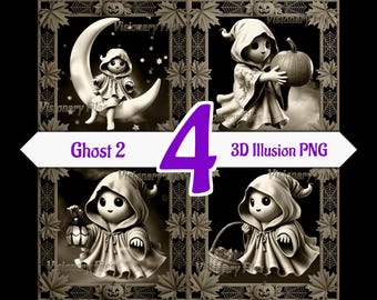 Halloween Ghost 3D PNG-bundel, Ghost 3D Illusion PNG-laserbestand, Ghost 3D Illusion-gravure, leisteenonderzetter gegraveerd, Ghost-lasergravure
