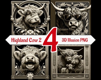 May include: Four digital illustrations of Highland cows in a 3D illusion style. The images are framed with ornate designs and feature the text "Highland Cow 2" and "3D Illusion PNG".
