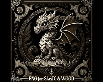 Dragon Baby 3D Illusion Laser Engraving PNG: Slate & Wood
