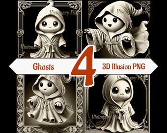 Ghost 3D Illusion PNG-laserbestand, Halloween 3D PNG-bundel, Ghost 3D Illusion-gravure, leisteenonderzetter gegraveerd, Ghost Laser 3D-gravure