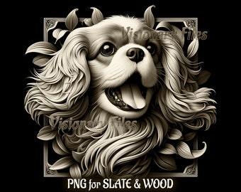 May include: A black and white illustration of a Cavalier King Charles Spaniel dog with its tongue sticking out. The dog is surrounded by stylized leaves and flowers. The text "PNG for SLATE & WOOD" is at the bottom of the image.