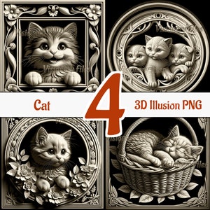 Cat 3D Illusion PNG Laser File, Kitten 3D PNG Bundle, Cat 3D Illusion engraving, Kitten Slate Coaster Engraved,Cats Laser Ready 3d Engraving
