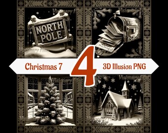 Christmas 3D Illusion PNG Laser Files, Engraving Bundle, Church, Letter Box, North Pole