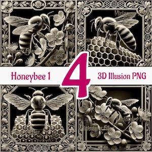 May include: Four sepia-toned illustrations of honeybees in ornate frames. Each image features a bee with honeycomb or flowers. The text "Honeybee 1" and "3D Illusion PNG" are displayed on a white banner with a large pink number 4.