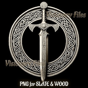May include: A silver sword with a Celtic knot design around it. The sword is in the center of a circle with a Celtic knot design around the outside. The background is black.