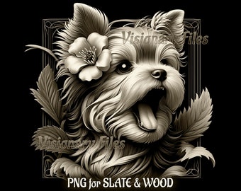 Puede incluir: Una ilustración digital en blanco y negro de un Yorkshire Terrier con una flor en el pelo. El perro mira hacia la derecha y tiene la boca abierta. La imagen está enmarcada con un borde decorativo y el texto "PNG for SLATE & WOOD" está en la parte inferior.