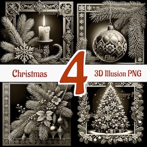 May include: Four digital images of Christmas ornaments in ornate frames. The images are in black and white and have a 3D illusion effect. The ornaments include a candle, a bauble, a sprig of holly, and a Christmas tree.