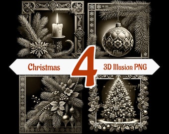 クリスマス 3D イリュージョン PNG レーザー ファイル、クリスマス 3D PNG バンドル、クリスマス 3D イリュージョン彫刻、スレート コースター彫刻