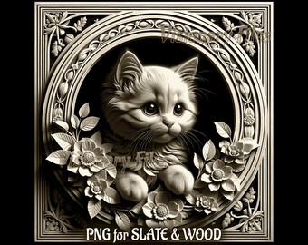 Puede incluir: Una ilustración digital en blanco y negro de un gato con ojos grandes, sentado en un marco decorativo con detalles florales. El texto "PNG for SLATE & WOOD" está en la parte inferior de la imagen.