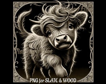 May include: A black and white illustration of a Highland cow calf with a fluffy, shaggy coat and a sweet expression. The calf is standing on a black background with a decorative border.