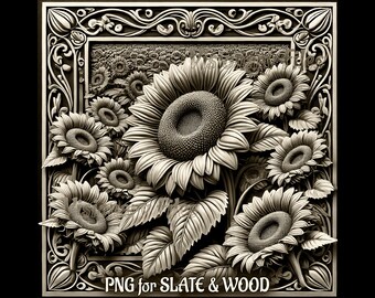 May include: A black and white 3D relief carving of sunflowers in a decorative frame. The carving is labeled "PNG for SLATE & WOOD".
