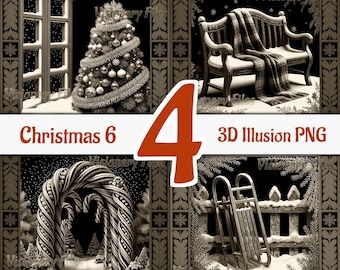 クリスマス 3D イリュージョン PNG レーザーファイル、お祭り 3D PNG バンドル、冬の 3D イリュージョン彫刻、スレートコースター彫刻、レーザー対応 3D 彫刻