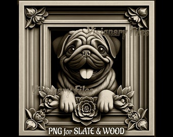 Könnte beinhalten: Eine schwarz-weiße 3D-Reliefschnitzerei eines Mops, der aus einem Rahmen mit floralen Akzenten schaut. Der Rahmen trägt den Text "PNG for SLATE & WOOD" unten.