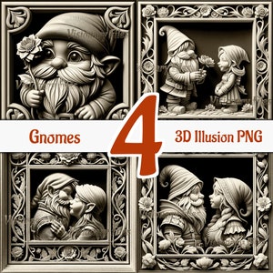 Gnome 3D Illusion PNG Laser File, Gnomes 3D PNG Bundle, Gnomes in Love 3D Illusion engraving, Gnome 3D Illusion, Laser Ready 3d Engraving