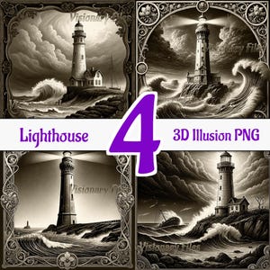 May include: A set of four black and white digital illustrations of a lighthouse on a rocky shore with crashing waves. The lighthouse is emitting a beam of light. The illustrations are framed with ornate borders. The text "Lighthouse" and "3D Illusion PNG" are visible in the image.
