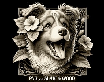 以下が含まれることがあります： 犬の頭が花と葉で囲まれた白黒のデジタルイラスト。犬は右を見て、舌を出しています。「PNG for SLATE & WOOD」というテキストが画像の下にあります。