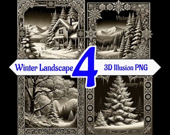 冬の風景 3D イリュージョン PNG レーザー ファイル、冬の 3D PNG バンドル、雪の 3D イリュージョン彫刻、冬のスレート彫刻、レーザー 3D 彫刻