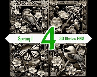 Spring Bird Butterfly Honeybee 3D Illusion PNG Laser File Bundle (Digital Download)