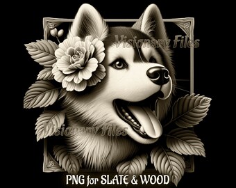 以下が含まれることがあります： 舌を出したハスキー犬の白黒デジタルイラスト。犬は葉と白いバラ1輪に囲まれている。