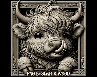 Highland Cow Baby 3D Illusion, Cow PNG Laser Engraving File, Slate Engraving Projects Cattle Laser Ready Engraving