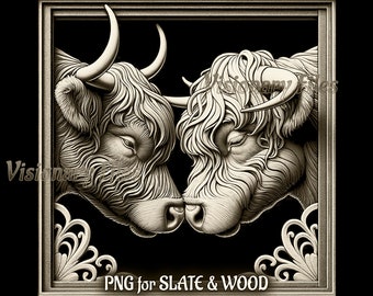 Highland Cows 3D Illusion PNG Laser File, Highland Cow in Love PNG, Slate Coaster Engraved, Highland Cow Laser Ready 3d Engraving