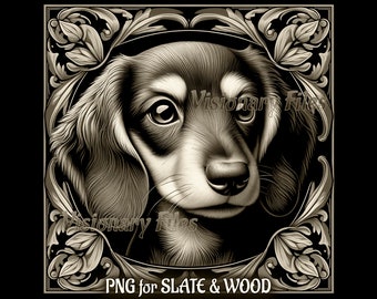 Op de afbeelding: Sepia-getinte illustratie van een Teckel hond in een sierlijke, bloemmotief omlijsting. De vacht van de hond is gedetailleerd met highlights en schaduwen, en de tekst "Visionary Files" en "PNG for SLATE & WOOD" is zichtbaar.