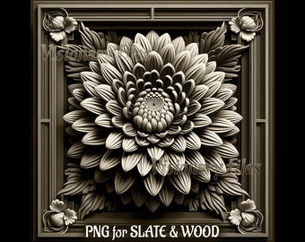 May include: A detailed, 3D-rendered image of a carved flower design in a square frame. The flower is a stylized chrysanthemum with intricate details and a textured surface. The frame is made of wood and has a simple, elegant design. The image is labeled "PNG for SLATE & WOOD".