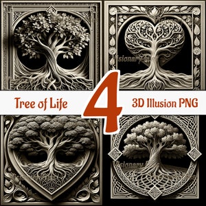 May include: Set of four digital 3D illusion PNG images featuring a tree of life design in various styles. Each image has a different frame and tree design, including a heart-shaped tree and a tree with a Celtic knot frame.