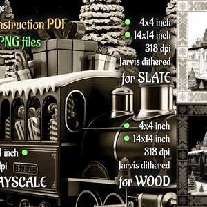 May include: A sepia-toned image of a Christmas train with gifts and candy canes. The image includes text indicating it is available in grayscale, and for slate and wood. The image dimensions are 4x4 inches and 14x14 inches.