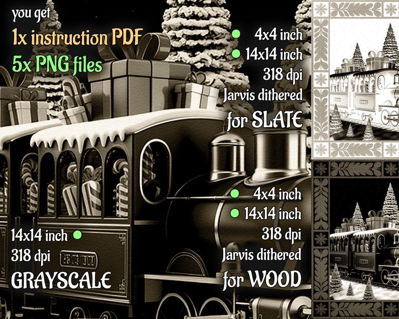 May include: A sepia-toned image of a Christmas train with gifts and candy canes. The image includes text indicating it is available in grayscale, and for slate and wood. The image dimensions are 4x4 inches and 14x14 inches.