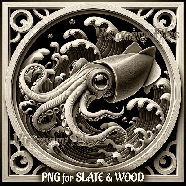 Squid 3D Illusion PNG Laser File, Squid PNG, Sealife Slate Coaster Engraved, Squid Laser Ready 3d Engraving, Squid Laser Engraving Files