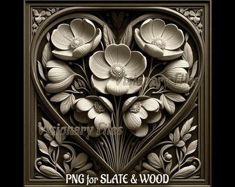 May include: A detailed, carved image of a heart-shaped frame with a bouquet of flowers inside. The flowers are stylized and have a 3D effect. The image is in grayscale and has a vintage aesthetic. The text "PNG for SLATE & WOOD" is at the bottom of the image.