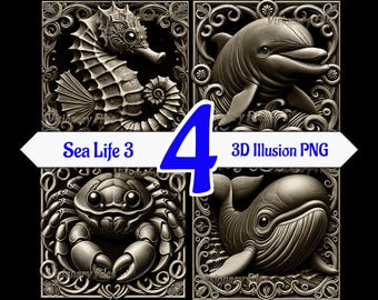 Sea Life 3D Illusion PNG Laser Files: Crab, Seahorse, Whale, Dolphin (Digital Download