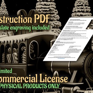 May include: A sepia-toned image featuring a toy train with a Christmas theme. Text includes "instruction PDF for slate engraving included" and "Unlimited Commercial License for PHYSICAL PRODUCTS ONLY."