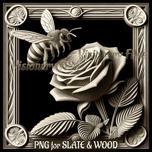 May include: A detailed illustration of a bee hovering near a rose, set within a decorative frame. The image is in grayscale, with intricate details on the bee's wings and the rose petals. The text "PNG for SLATE & WOOD" is at the bottom.