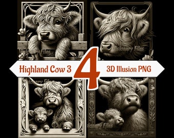 Highland Cow 3D-illusie PNG-laserbestand, Highland Cow 3D-png-bundel, 3D-illusie-gravure, leisteenonderzetter gegraveerd, lasergereed 3D-gravure