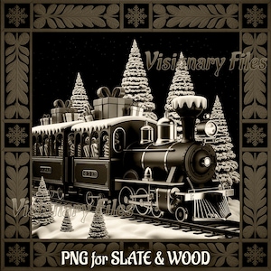 May include: A sepia-toned illustration of a Christmas train with a locomotive and passenger cars, surrounded by snow-covered pine trees and gift boxes. The image has a decorative border with snowflakes and floral patterns. Text on the image reads "Visionary Files" and "PNG for SLATE & WOOD."