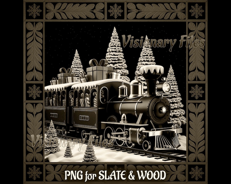 May include: A sepia-toned illustration of a Christmas train with a locomotive and passenger cars, surrounded by snow-covered pine trees and gift boxes. The image has a decorative border with snowflakes and floral patterns. Text on the image reads "Visionary Files" and "PNG for SLATE & WOOD."