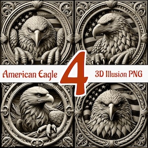 May include: Four digital illustrations of American bald eagles in a 3D illusion style. Each eagle is depicted with a detailed, realistic appearance, perched on a branch with its wings spread. The eagles are set against a backdrop of an American flag.