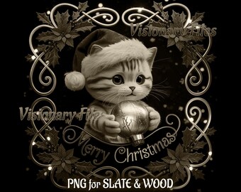 3D Kitty Santa PNG Laser File: Christmas Coaster Engraving (Digital Download