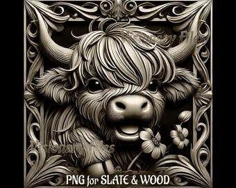 Cute Highland Cow 3D Illusion PNG Laser Engraving File, Digital Download for Wood or Slate Engraving Project Cattle Laser Ready 3D Engraving
